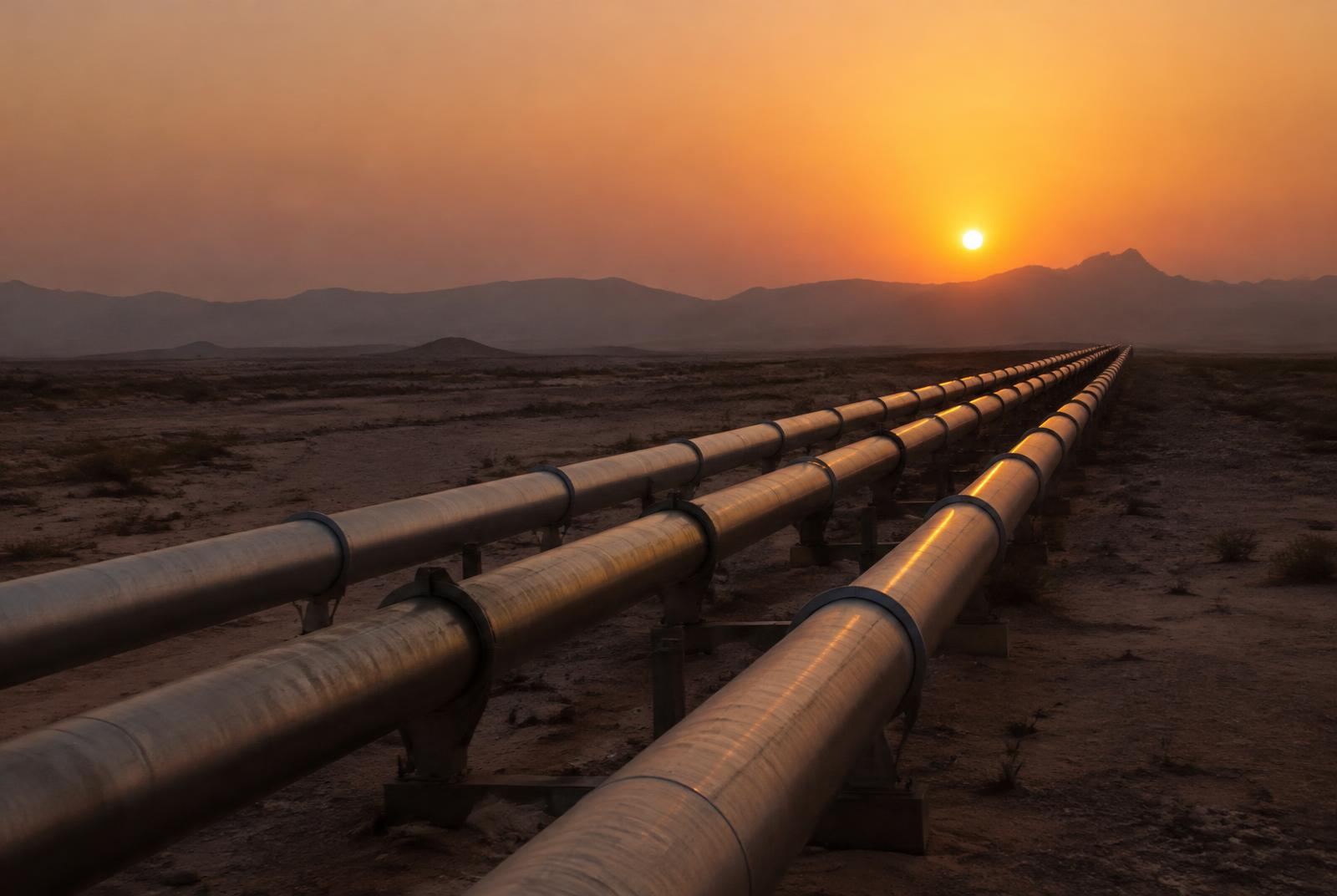 Steel oil pipelines stretching across the desert at dusk