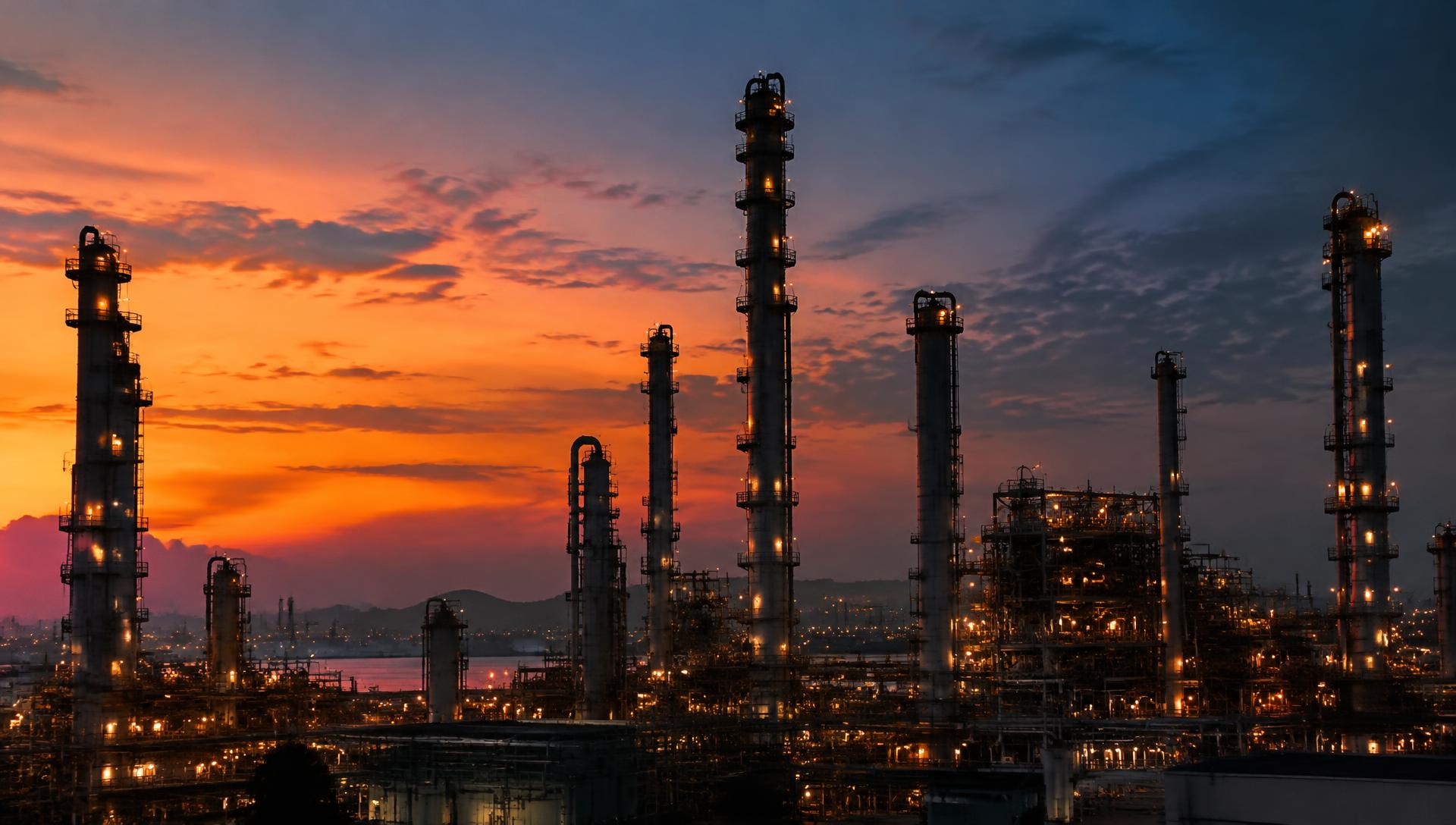Oil refinery towers illuminated at dusk